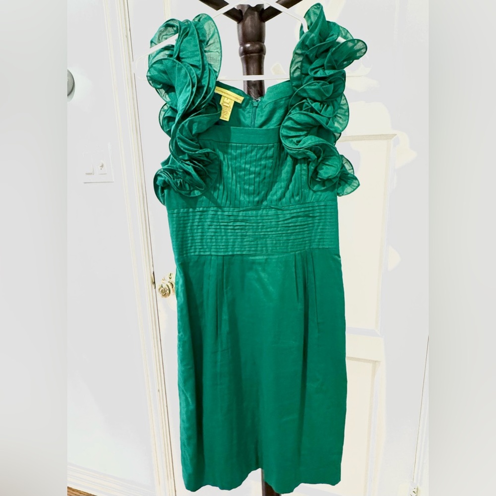 Catherine Malandrino Emerald Green Cotton Ruffle Sleeveless Sheath Pencil Dress